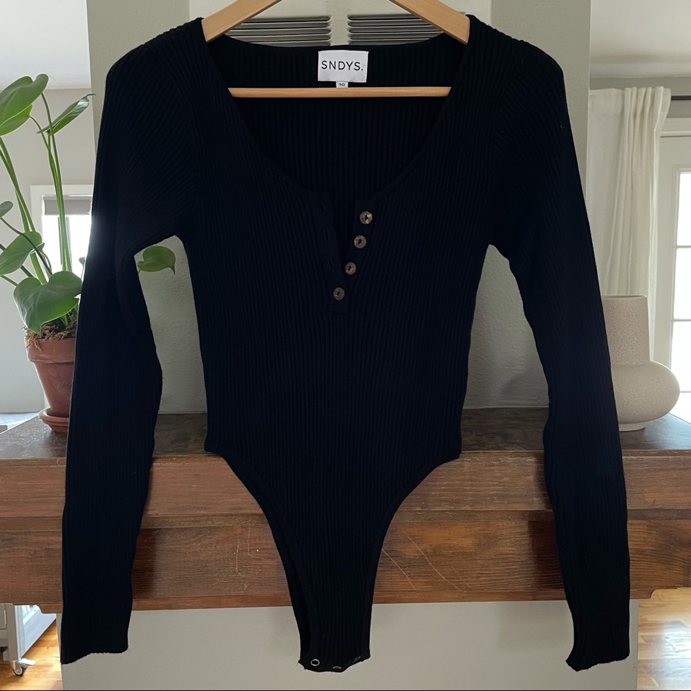 SNDYS Black Knit high cut Long Sleeve Bodysuit